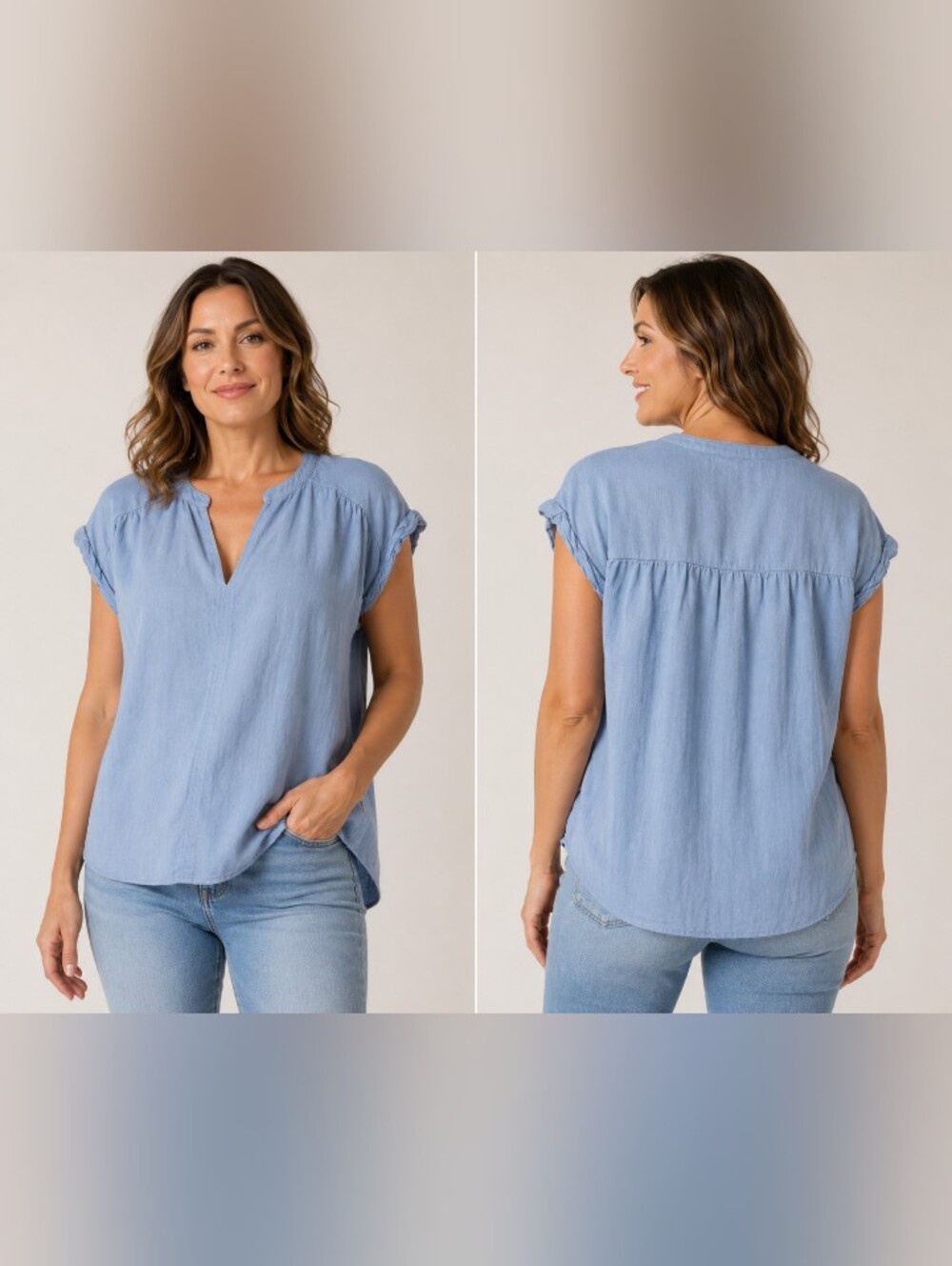 Splendid XL Light Blue Linen Blend Split Neck Cap Sleeve Blouse Top